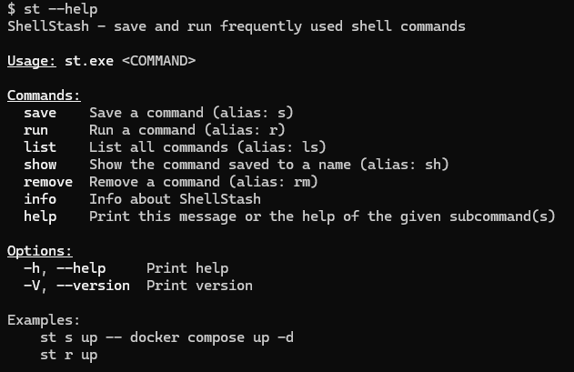 ShellStash Help Command Output